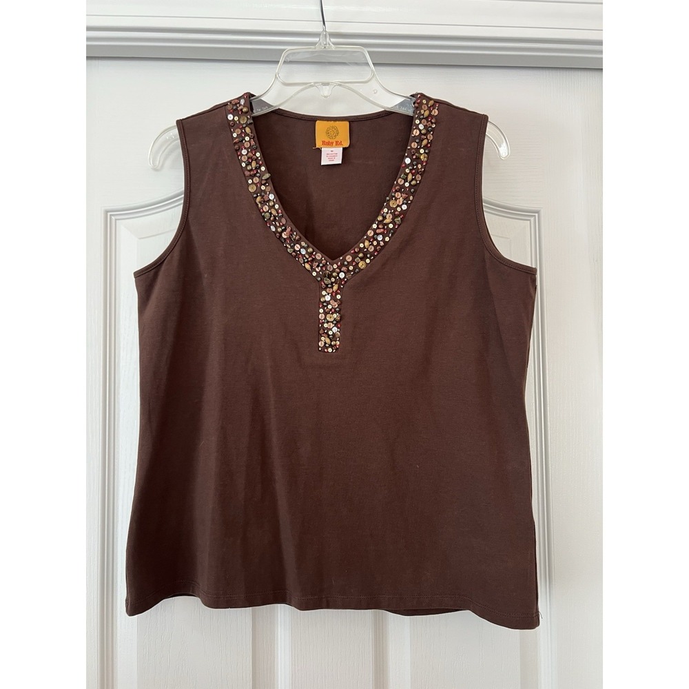 Ruby Rd  Womens  Tank Top Shirt Brown Organic Gemstones Medium Boho Indie Ornate